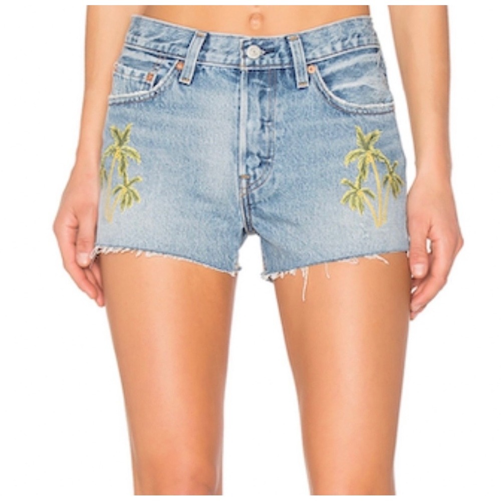 Levis 501 Original Wild Dreaming Palm Tree Embroidered Denim Shorts Blue Size 25